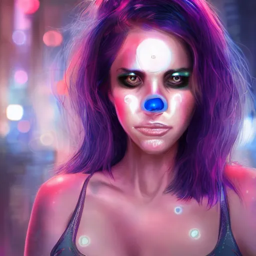 Image similar to A beautiful and detailed portrait of a middle-aged beautiful girl that has bright implants on her face and an angry-desperate look on her eyes. Red eyes trail, bokeh cyberpunk city background, artstation, violet-blue palette, vignette, by artgerm,