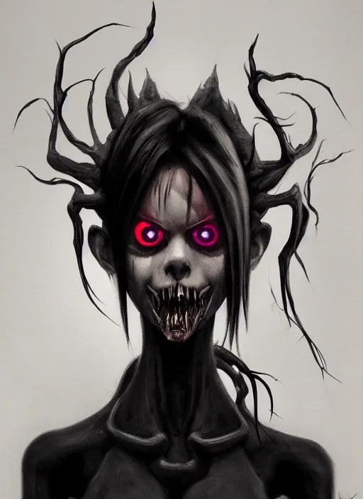 Image similar to dark portrait painting of tracer from overwatch, in style of zdzisław beksinski, scary, horror, overwatch tracer character, evil grin, detailed face, dressed in dark garment, black tendrils, tall,