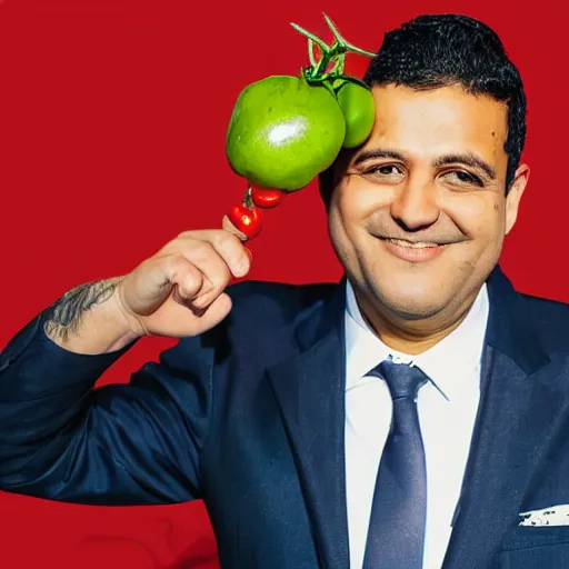 Prompt: luis piedrahita wearing a red suit while holding a tomato, photograph