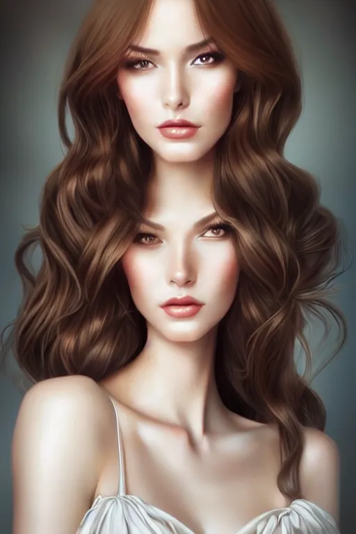 Image similar to Portait of a very very attractive woman with large brown hair in silk white dress, smirking face, femme fatale vibes, intricate, elegant, fantasy, smooth, art by artgerm