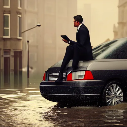 Image similar to a man in suit sitting on the top of a car in a flooded street, looking at his phone, trending on Artstation, 8k, photorealistic, hyper detailed, unreal engine 5, IMAX quality