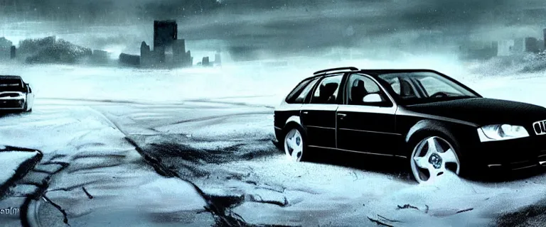 Prompt: Audi A4 B6 Avant (2002), a post apocalyptic, dramatic lighting, cinematic, establishing shot, extremly high detail, photorealistic, cinematic lighting, artstation, style by greg rutkowsky, Max Payne (2001) winter New York landscape