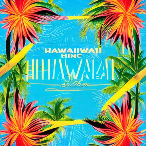 Image similar to hawaii tourism poster in style of bauhaus, hula girl, surfboard, waves, palm trees, sun, surf sand, medley of tropical flowers, lei, beautiful, symmetrical, textured, layered, ornate, detailed, chromostereopsis, 8 k