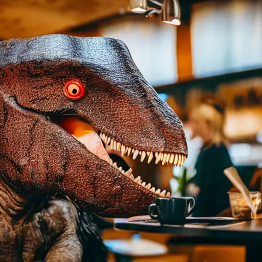 Prompt: A photograph of a tyrannosaurus drinking a cup of coffee at a restaurant