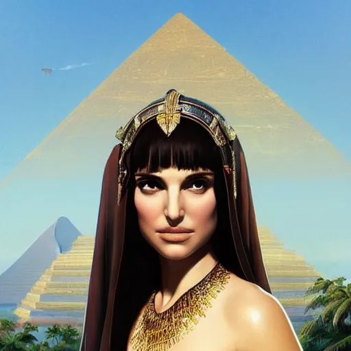 Image similar to a closeup portrait of a young natalie portman as cleopatra, gorgeous view, pyramid background, high detail, art by artgerm and greg rutkowski and alphonse mucha, digital art, trending on artstation