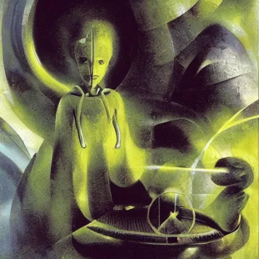 Image similar to A sculpture. A rip in spacetime. Did this device in his hand open a portal to another dimension or reality?! chartreuse by Hans Baldung, by John Berkey serene