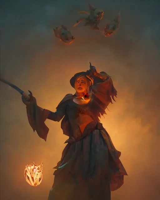 Prompt: oil painting of a Anthropomorphized pig witch casting an epic spell, sharp focus, heroic pose, fantasy style, octane render, volumetric lighting, cinematic lighting, 8k high definition, by greg rutkowski, highly detailed, trending on art Station, magic the gathering artwork, centered