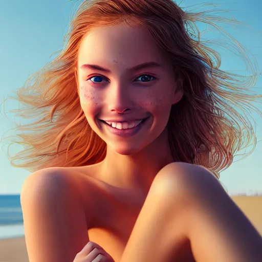 Prompt: beautiful serene intricate portrait of a cute thin young woman, red blush, cute freckles, smug smile, modern clothes, relaxing on the beach, golden hour, close up shot, soft focus, 8 k, art by irakli nadar, hyperrealism, hyperdetailed, ultra realistic