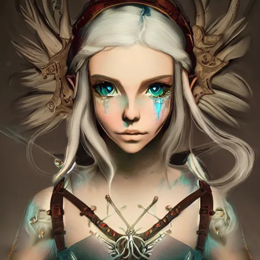 Image similar to kerli koiv in the art style of breath of the wild, grimdark dramatic lighting, digital art, intricate, highly detailed, matte painting, fine art