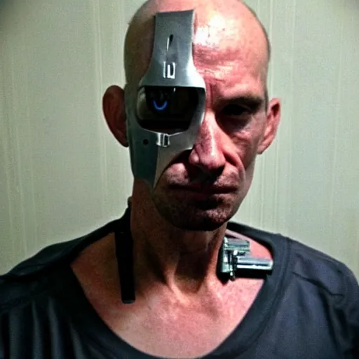 Image similar to grainy photo of an ugly cyborg criminal man, bionic implants, bionic implants, cyborg criminal