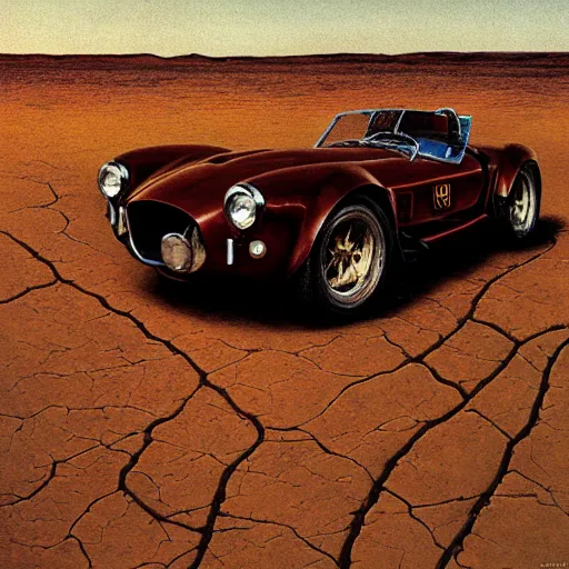 Prompt: closeup of rusty shelby cobra, vine covered, desert, cracked dry lake bed, by Zdzislaw Beksinski, Norman Rockwell, highly detailed, soft lighting, film grain, 8k resolution, oil on canvas