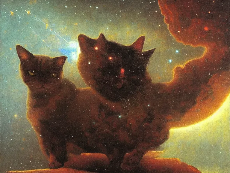 Image similar to an oil painting of a a cat in space, woth stars and nebula in the distance by beksinski carl spitzweg and tuomas korpi. baroque elements, full-length view. baroque element. intricate artwork by caravaggio. Trending on artstation. 8k