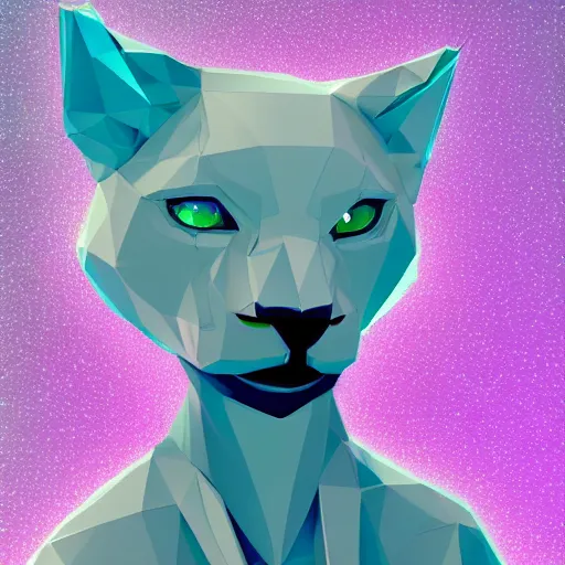 Prompt: aesthetic albino panther fursona portrait, commission of a anthropomorphic kitten, fursona wearing stylish clothes, holographic winter armosphere, pastel simple art, low poly