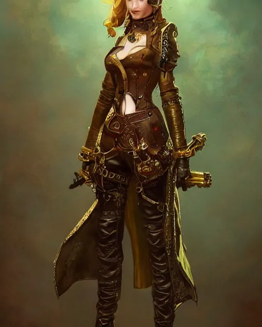 Prompt: a beautiful young female steampunk pirate wearing leather armor on gold and red trimmings on green, very cool pose, slightly smiling Charlie Bowater Annie Leibovitz, zhuoxin ye, cinematic lighting and composition, fantasy painting, very detailed, ornate, 8k trending on artstation and pinterest, deviantart, google images