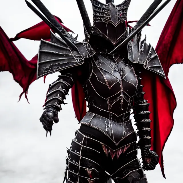 Prompt: full body photo of a vampire queen warrior wearing demonic armour, highly detailed, 4 k, hdr, smooth, sharp focus, high resolution, award - winning photo
