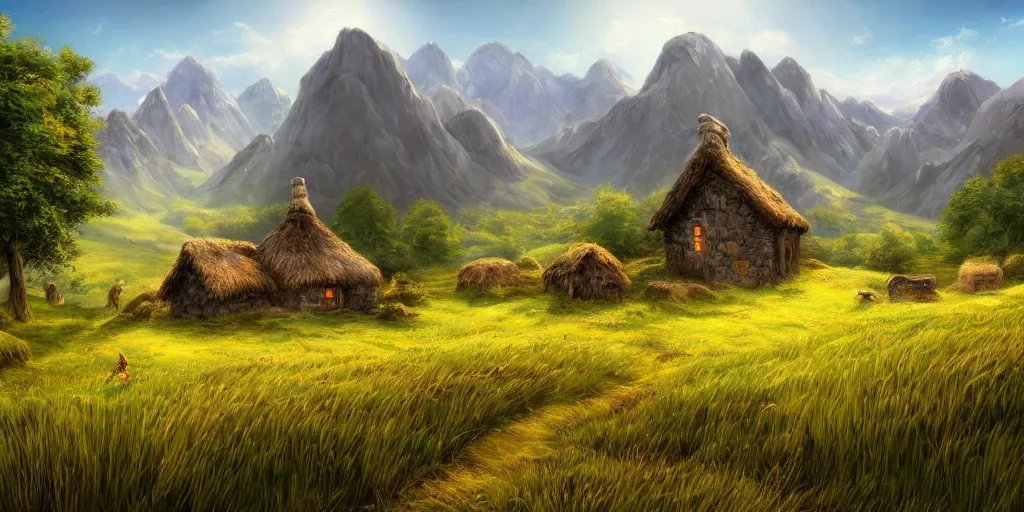 Prompt: Grassy fields with large mountains in the distance, small cottage in the foreground, landscape wallpaper, d&d art, fantasy, painted, 4k, high detail, sharp focus