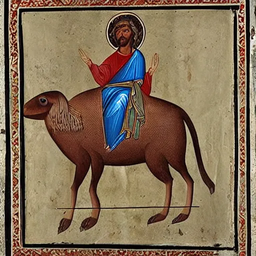 Prompt: byzantine art depicting jesus riding on the back of a giant capybara, very detailed, very intricate, white background,