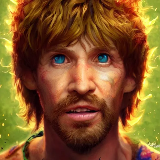 Prompt: shaggy using 100 percent of his power, au naturel, hyper detailed, digital art, trending in artstation, cinematic lighting, studio quality, smooth render, unreal engine 5 rendered, octane rendered, art style by klimt and nixeu and ian sprigger and wlop and krenz cushart