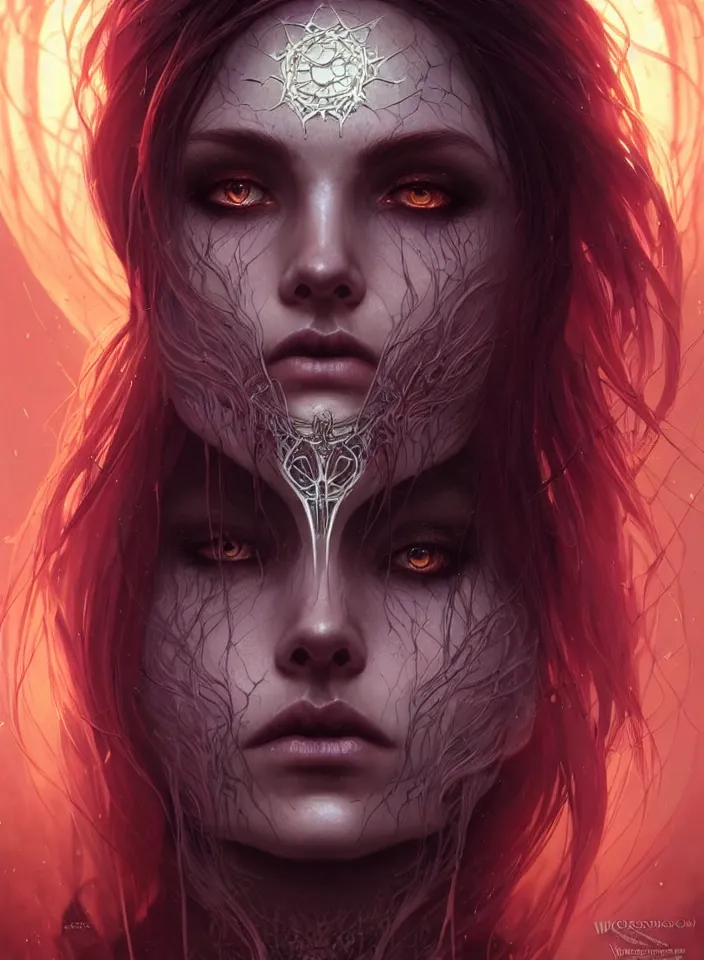 Image similar to Necromancer Sorceress face close-up macro in center, fantasy magic, undercut hairstyle, dark light night, intricate, elegant, sharp focus, illustration, highly detailed, digital painting, concept art, matte, art by WLOP and Artgerm and Greg Rutkowski and Alphonse Mucha, masterpiece