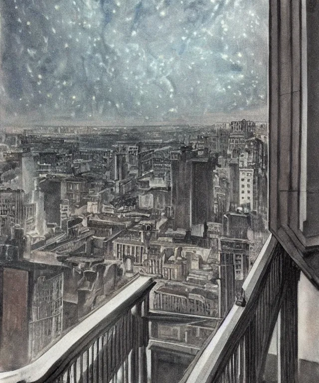 Prompt: horrifying full color photorealistic painting of the view from a 1 9 2 5 hotel terrace balcony overlooking a warped view of downtown boston in 1 9 2 5 at night with a cosmic sky, dark, atmospheric, brooding, smooth, finely detailed, cinematic, epic, in the style of paul carrick