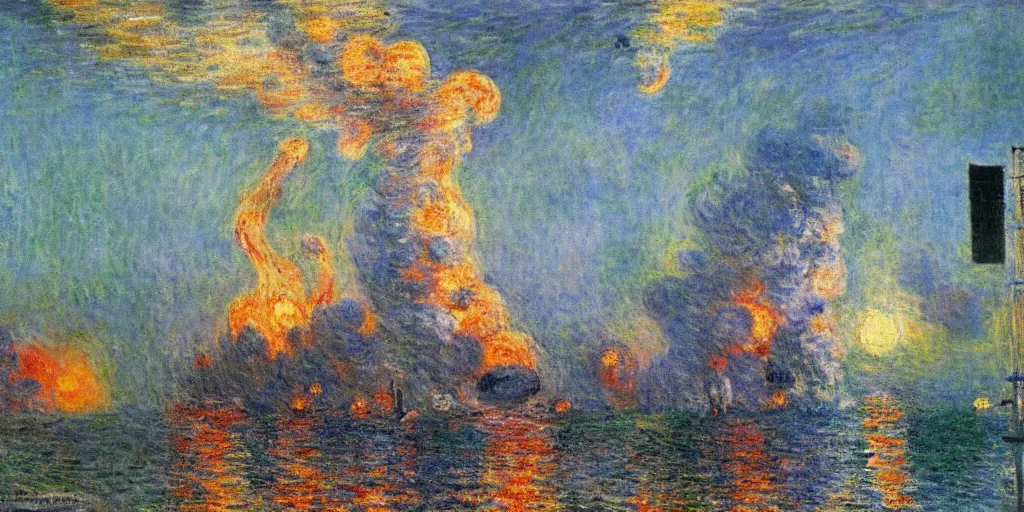 Image similar to a monet painting of godzilla destroying the international space station