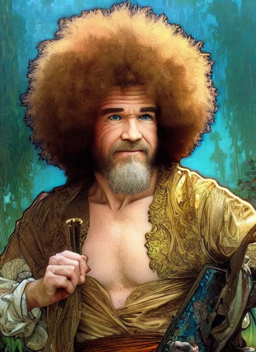 Image similar to Bob Ross as God of Beauty, brutal, fantasy, intricate, elegant, highly detailed, digital painting, 4k, HDR, concept art, smooth, sharp focus, illustration, art by alphonse mucha,artgerm, H R Giger