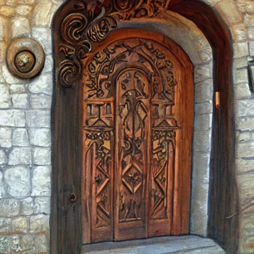 Image similar to Ornate Wooden Door at the entrance of the Elven Dwelling, impressionistic painting