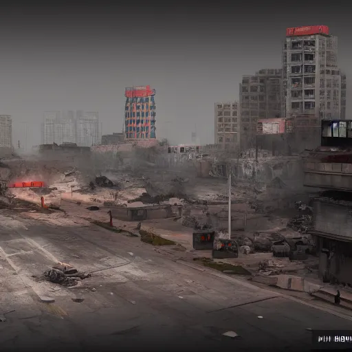 Image similar to painting of a war zone in beijing, china, world war 3, modern city, unreal engine 5,