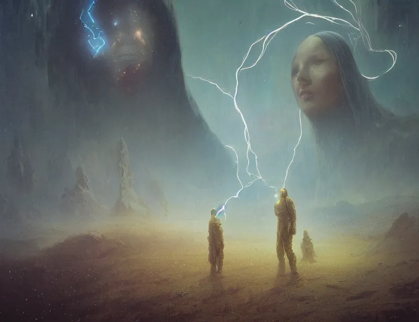 Prompt: a space laces kind of poster cinematic sci - fi scene portrait and science fiction theme with lightning, aurora lighting. clouds and stars. smoke. futurism. fantasy. by beksinski carl spitzweg and tuomas korpi. baroque elements. oil painting. dramatic. artstation. 8 k