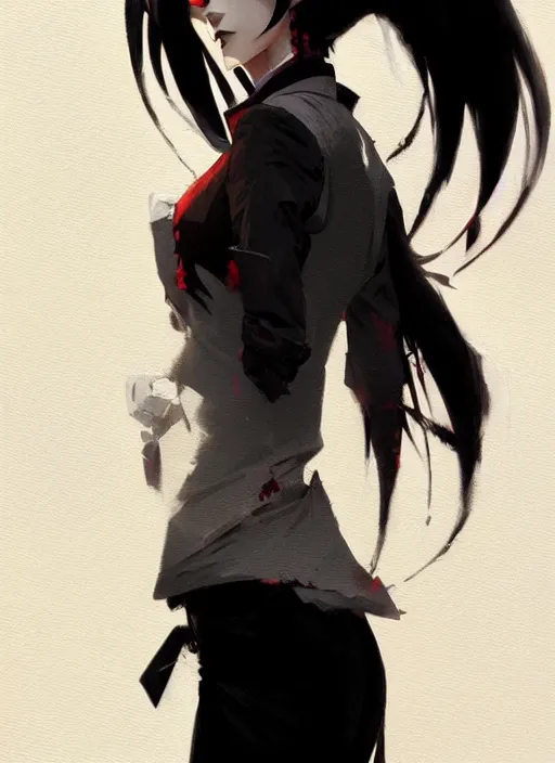 Image similar to ultradetailed beautiful panting of a stylish goth woman wearing a shirt with a tie, dramatic, she has black hair, distressed, by greg rutkowski, ashley wood, makoto shinkai, ilya kuvshinov, on artstation