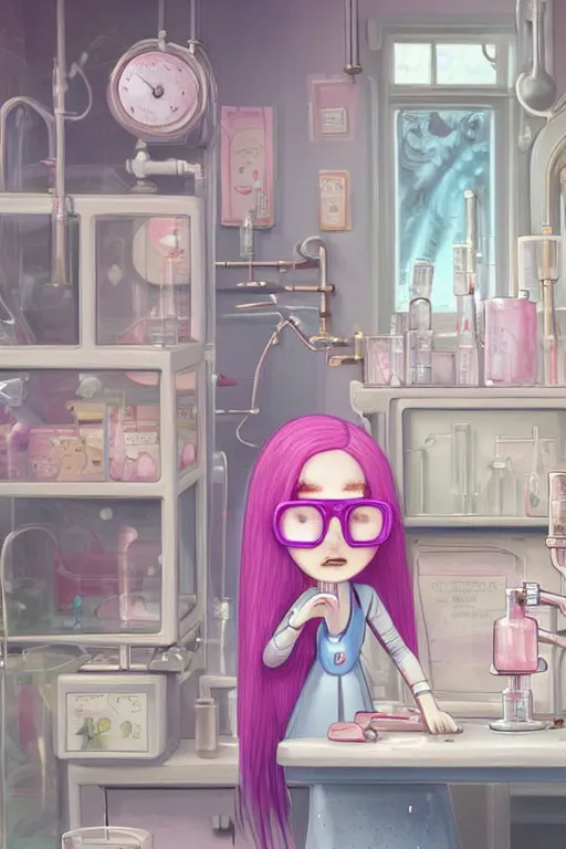 Prompt: highly detailed, cinematic still frame of adult princess bubblegum from adventure time, working in her science lab, wearing lab coat & saftey goggles, long bubblegum hair with long straight bangs, beautiful, attractive, extremely cute, illustration concept art by nicoletta ceccoli, mark ryden, lostfish, detailed and intricate environment, 8 k resolution, hyperrealistic, octane render