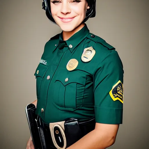 Image similar to portrait of young woman, green eyes, brunette, short flip bob hair, smirk, officer uniform