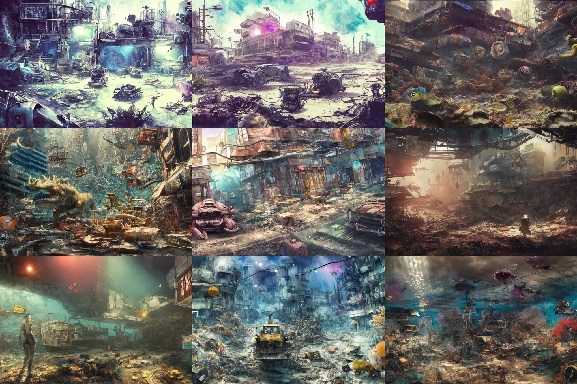 Prompt: incredible underwater exploration, watercolor, harsh bloom lighting, rim light, abandoned city, paper texture, movie scene, caustics shadows, deserted shinjuku junk town, old pawn shop, bright sun bleached ground, phantom crash, dragon festival, robot monster lurks in the background