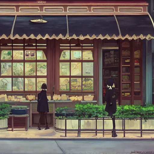 Image similar to the tea shop on the corner, anime scenery by Makoto Shinkai