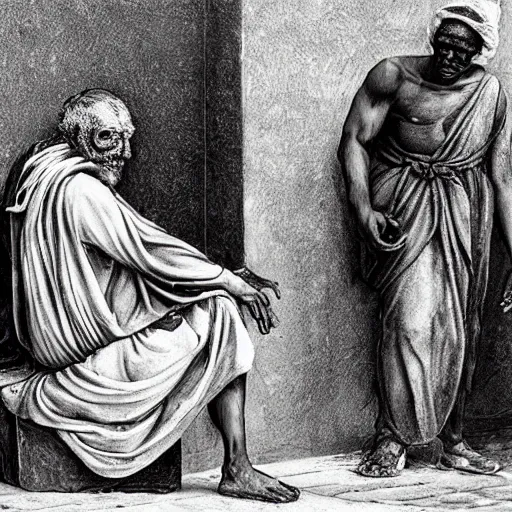 Prompt: ragged leper begging for coins on a streetcorner in biblical times. The street is very dusty. The leper wears brown sandals. art by michaelangelo. Black, white, red color scheme. Tricolor image. Black, white, red.