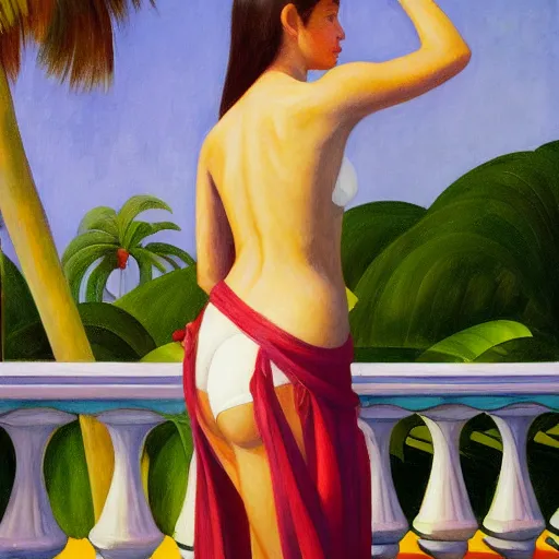 Image similar to a ultradetailed beautiful painting of a girl in the amazonas palace balustrade designed by edward hopper, tarsila do amaral, frank weston and gustave baumann, beach, trending on artstation, mediterranean, palm trees, detailed face, sharp focus, soft light, 8 k 4 k