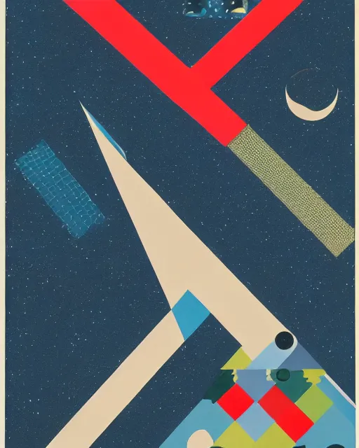 Prompt: A mid-century modern collage, made of random geometric segments cut out of vintage magazines, of 2001: A Space Odyssey film poster. 1968