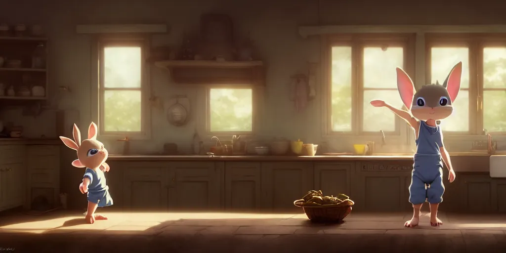 Prompt: a wholesome animation key shot of a cute rabbit boy stretching in a cottage kitchen, medium shot, studio ghibli, pixar and disney animation, sharp, rendered in unreal engine 5, anime key art by greg rutkowski, bloom, dramatic lighting