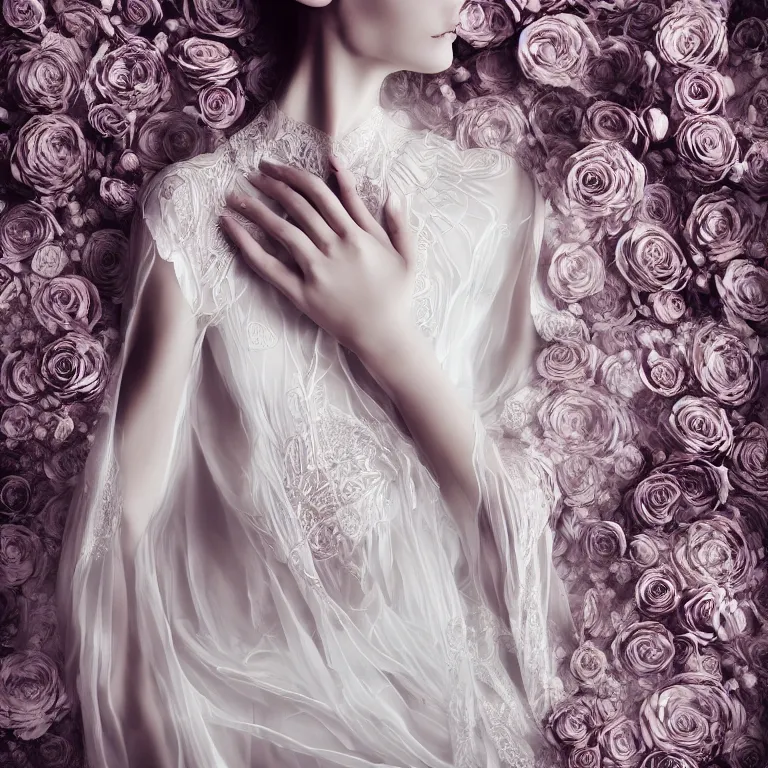 Prompt: hight focus of a wonderful realistic focused sweet wonderful symmetrical centered mid portrait of a lonely woman with a detailed wonderful, majestic, large semi transparent white cotton dress ornate with semi transparent black cotton roses and semi transparent white veils, dramatic light, octane render, - 8 k