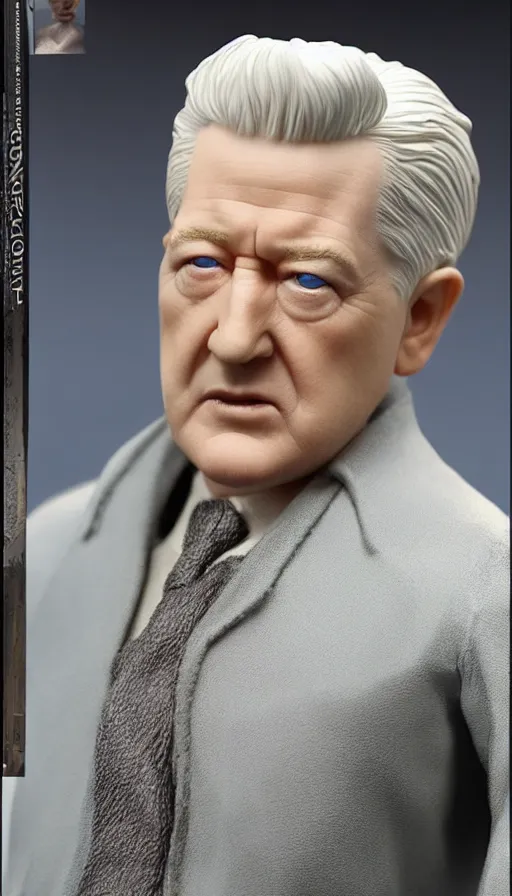 Prompt: hot toys figurine of david lynch, realistic, up close image, 1 / 1 6 th scale, unopened, listing image, hd