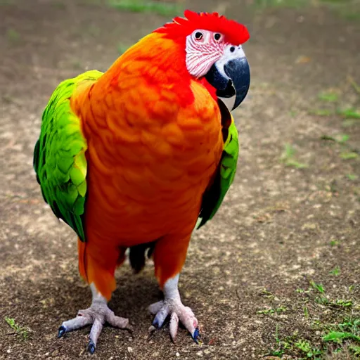 Prompt: parrot chicken sitting on the ground crying
