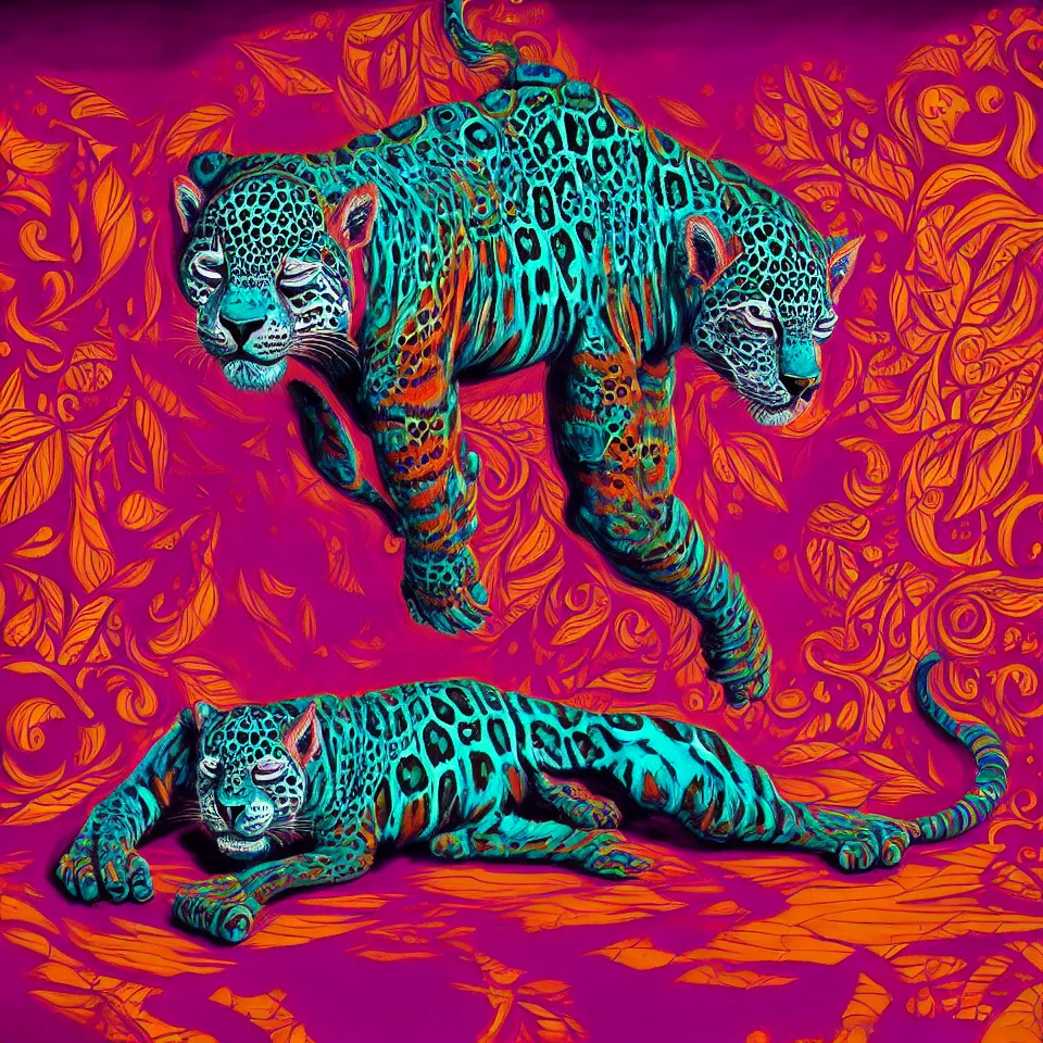 Image similar to bright psychedelic empty apartment, mayan jaguar warrior sleeping, diffuse lighting, fantasy, intricate, elegant, highly detailed, lifelike, photorealistic, digital painting, artstation, illustration, concept art, smooth, sharp focus, art by francis bacon