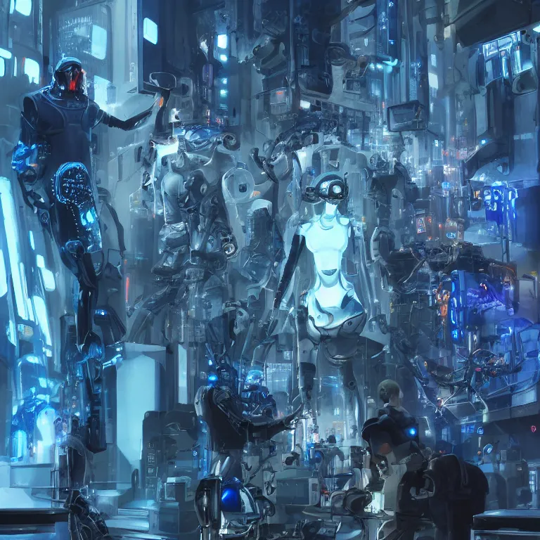 Image similar to hyperrealistic and beautiful painting of cybernetic humans in a technological and gritty room, technological lights, screens, cyberpunk style, 8 k resolution, by hugh ferris and john smith, polished, fine detail, intricate, blue color scheme, cyberpunk style, smooth, octane, concept art, trending on artstation