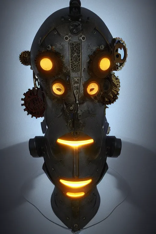 Image similar to steampunk mask minimalist fantasy art robot ninja helmet, global illumination ray tracing hdr fanart arstation by sung choi and eric pfeiffer and gabriel garza and casper konefal radiating a glowing aura