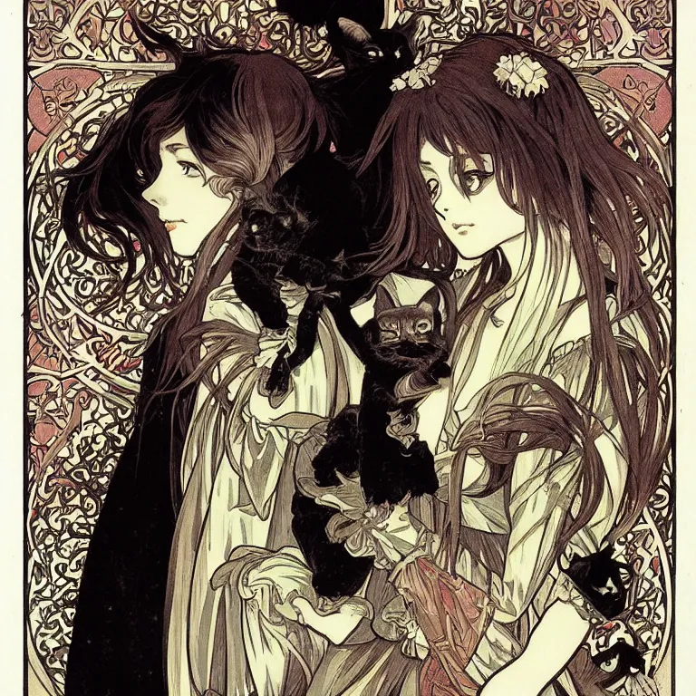 Prompt: gothic lolita and her cat companion. chiaroscuro manga illustration by clamp and alphonse mucha.