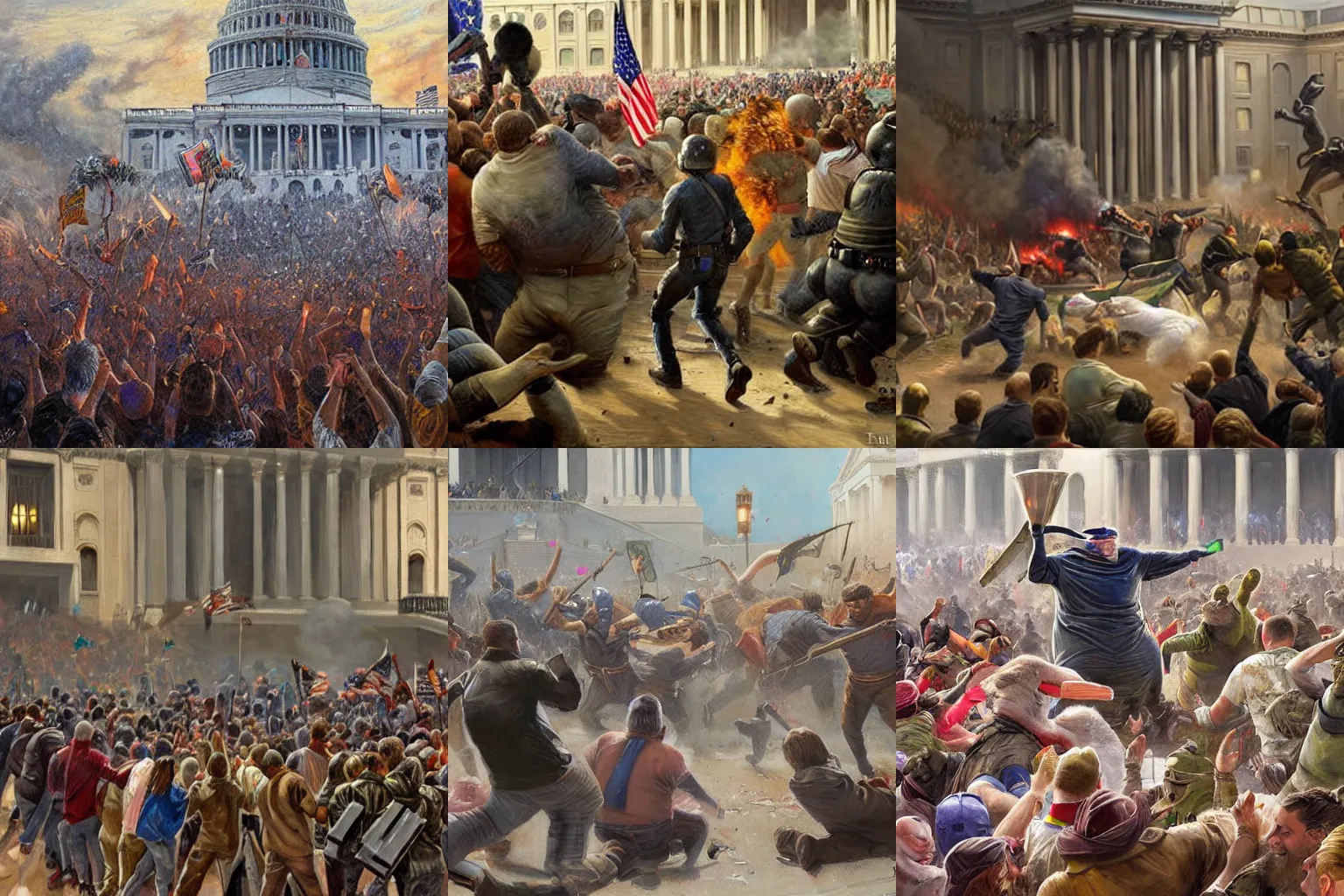 Prompt: big chungus rioting inside the capitol building on jan 6th, epic painting by james gurney