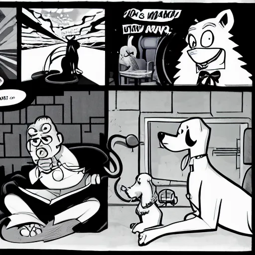 Prompt: a cartoon picture of a man and a dog, a comic book panel by hanna - barbera, cgsociety, furry art, sense of awe, reimagined by industrial light and magic, creepypasta