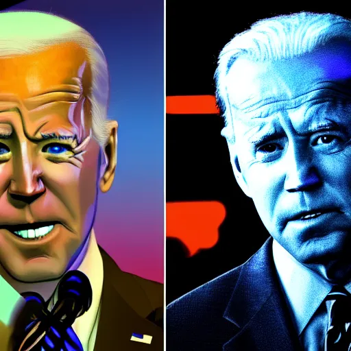 Image similar to Joe Biden, robotic, cyberpunk, cyborg, neon lights, glowing eyes