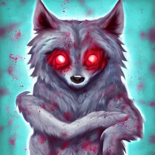 Prompt: cute fluffy werewolf covered in blood, pastel, digital art