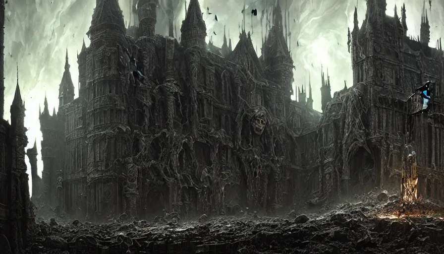 Image similar to a dark wizard destroying castle, rotting, blood, night, death, fear, horror, religion, hyperrealism, detailed and intricate environment, by giger, by greg rutkowski